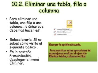 10.2. Eliminar una tabla, fila o
columna
• Para eliminar una
tabla, una fila o una
columna, lo único que
debemos hacer es:
• Seleccionarla. Si no
sabes cómo visita el
siguiente básico .
• En la pestaña
Presentación,
desplegar el menú
Eliminar.
Escoger la opción adecuada.
Para practicar estas operaciones te
aconsejamos realizar el ejercicio
Eliminar tablas, columnas o filas
 