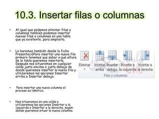 10.3. Insertar filas o columnas
• Al igual que podemos eliminar filas y
columnas también podemos insertar
nuevas filas o columnas en una tabla
que ya existente, para ampliarla.
• Lo haremos también desde la ficha
PresentacióPara insertar una nueva fila
primero tenemos que saber a qué altura
de la tabla queremos insertarla.
Después nos situaremos en cualquier
celda justo encima o justo debajo de
donde queremos insertar la nueva fila y
utilizaremos las opciones Insertar
arriba o Insertar debajo.
• Para insertar una nueva columna el
proceso es idéntico.
• Nos situaremos en una celda y
utilizaremos las opciones Insertar a la
izquierda o Insertar a la derecha, según
donde queramos situar la nueva columna.
 