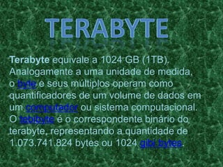 Terabyte equivale a 1024 GB (1TB).
Analogamente a uma unidade de medida,
o byte e seus múltiplos operam como
quantificadores de um volume de dados em
um computador ou sistema computacional.
O tebibyte é o correspondente binário do
terabyte, representando a quantidade de
1.073.741.824 bytes ou 1024 gibi bytes.
 