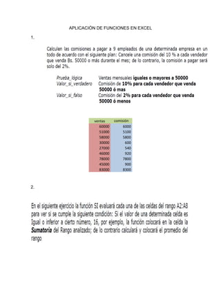 APLICACIÓN DE FUNCIONES EN EXCEL
1.
2.
ventas comisión
60000 6000
51000 5100
58000 5800
30000 600
27000 540
46000 920
78000 7800
45000 900
83000 8300
 