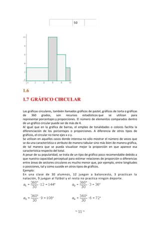 ~ 11 ~
50
1.6
1.7 GRÁFICO CIRCULAR
Las gráficas circulares, también llamados gráficos de pastel, gráficos de torta o gráficas
de 360 grados, son recursos estadísticos que se utilizan para
representar porcentajes y proporciones. El número de elementos comparados dentro
de un gráfico circular puede ser de más de 4.
Al igual que en la gráfica de barras, el empleo de tonalidades o colores facilita la
diferenciación de los porcentajes o proporciones. A diferencia de otros tipos de
gráficos, el circular no tiene ejes x o y.
Se utilizan en aquellos casos donde interesa no sólo mostrar el número de veces que
se da una característica o atributo de manera tabular sino más bien de manera gráfica,
de tal manera que se pueda visualizar mejor la proporción en que aparece esa
característica respecto del total.
A pesar de su popularidad, se trata de un tipo de gráfico poco recomendable debido a
que nuestra capacidad perceptual para estimar relaciones de proporción o diferencias
entre áreas de sectores circulares es mucho menor que, por ejemplo, entre longitudes
o posiciones, tal y como sucede en otros tipos de gráficos.
Ejemplo:
En una clase de 30 alumnos, 12 juegan a baloncesto, 3 practican la
natación, 9 juegan al fútbol y el resto no practica ningún deporte.
 