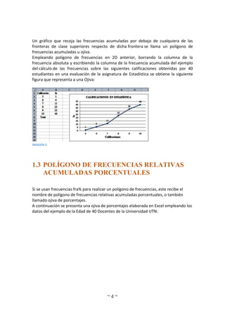 ~ 4 ~
Un gráfico que recoja las frecuencias acumuladas por debajo de cualquiera de las
fronteras de clase superiores respecto de dicha frontera se llama un polígono de
frecuencias acumuladas u ojiva.
Empleando polígono de frecuencias en 2D anterior, borrando la columna de la
frecuencia absoluta y escribiendo la columna de la frecuencia acumulada del ejemplo
del cálculo de las frecuencias sobre las siguientes calificaciones obtenidas por 40
estudiantes en una evaluación de la asignatura de Estadística se obtiene la siguiente
figura que representa a una Ojiva:
IMAGEN 3
1.3 POLÍGONO DE FRECUENCIAS RELATIVAS
ACUMULADAS PORCENTUALES
Si se usan frecuencias fra% para realizar un polígono de frecuencias, este recibe el
nombre de polígono de frecuencias relativas acumuladas porcentuales, o también
llamado ojiva de porcentajes.
A continuación se presenta una ojiva de porcentajes elaborada en Excel empleando los
datos del ejemplo de la Edad de 40 Docentes de la Universidad UTN:
 