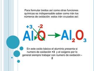 Para formular óxidos así como otras funciones
químicas es indispensable saber como irán los
números de oxidación: estos irán cruzados así:
En este oxido básico el aluminio presenta si
numero de oxidación +3 y el oxigeno por lo
general siempre trabajar con numero de oxidación -
2
 
