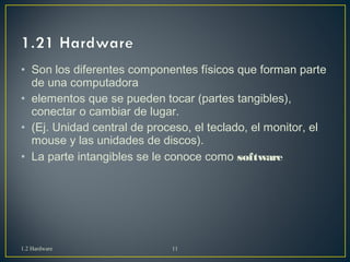 • Son los diferentes componentes físicos que forman parte 
de una computadora 
• elementos que se pueden tocar (partes tangibles), 
conectar o cambiar de lugar. 
• (Ej. Unidad central de proceso, el teclado, el monitor, el 
mouse y las unidades de discos). 
• La parte intangibles se le conoce como software 
1.2 Hardware 11 
 