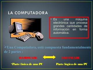 • Es una máquina 
electrónica que procesa 
grandes cantidades de 
información en forma 
automática. 
Una Computadora, está compuesta fundamentalmente 
de 2 partes : 
HARDWARE SOFTWARE 
•Parte física de una PC Parte lógica de una PC 
 
