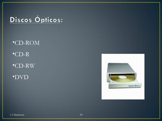 •CD-ROM 
•CD-R 
•CD-RW 
•DVD 
1.2 Hardware 39 
 