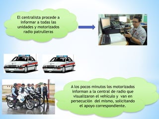 El centralista procede a 
informar a todas las 
unidades y motorizados 
radio patrulleras 
A los pocos minutos los motorizados 
informan a la central de radio que 
visualizaron el vehículo y van en 
persecución del mismo, solicitando 
el apoyo correspondiente. 
 