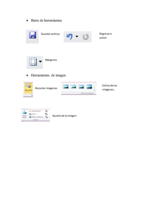  Barra de herramientas 
Guardar archivo 
Márgenes 
 Herramientas de imagen 
Recortar imágenes 
Ajustes de la imagen 
Regresar o 
volver 
Estilos de las 
imágenes. 
 
