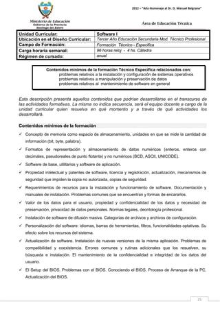 Ministerio de Educación 
Gobierno de la Provincia 
Santiago del Estero 
25 
2012 – “Año Homenaje al Dr. D. Manuel Belgrano” 
Área de Educación Técnica 
Contenidos mínimos de la formación Técnico Específica relacionados con: 
problemas relativos a la instalación y configuración de sistemas operativos 
problemas relativos a manipulación y preservación de datos 
problemas relativos al mantenimiento de software en general 
Esta descripción presenta aquellos contenidos que podrían desarrollarse en el transcurso de las actividades formativas. La misma no indica secuencia, será el equipo docente a cargo de la unidad curricular quien resuelva en qué momento y a través de qué actividades los desarrollará. 
Contenidos mínimos de la formación 
 Concepto de memoria como espacio de almacenamiento, unidades en que se mide la cantidad de información (bit, byte, palabra). 
 Formatos de representación y almacenamiento de datos numéricos (enteros, enteros con decimales, pseudoreales de punto flotante) y no numéricos (BCD, ASCII, UNICODE). 
 Software de base, utilitarios y software de aplicación. 
 Propiedad intelectual y patentes de software, licencia y registración, actualización, mecanismos de seguridad que impiden la copia no autorizada, copias de seguridad. 
 Requerimientos de recursos para la instalación y funcionamiento de software. Documentación y manuales de instalación. Problemas comunes que se encuentran y formas de encararlos. 
 Valor de los datos para el usuario, propiedad y confidencialidad de los datos y necesidad de preservación, privacidad de datos personales. Normas legales, deontología profesional. 
 Instalación de software de difusión masiva. Categorías de archivos y archivos de configuración. 
 Personalización del software: idiomas, barras de herramientas, filtros, funcionalidades optativas. Su efecto sobre los recursos del sistema. 
 Actualización de software. Instalación de nuevas versiones de la misma aplicación. Problemas de compatibilidad y coexistencia. Errores comunes y rutinas adicionales que los resuelven, su búsqueda e instalación. El mantenimiento de la confidencialidad e integridad de los datos del usuario. 
 El Setup del BIOS. Problemas con el BIOS. Conociendo el BIOS. Proceso de Arranque de la PC. Actualización del BIOS. 
Unidad Curricular: 
Software I 
Ubicación en el Diseño Curricular: 
Tercer Año Educación Secundaria Mod. Técnico Profesional 
Campo de Formación: 
Formación Técnico - Especifica 
Carga horaria semanal: 
96 horas reloj - 4 hs. Cátedra 
Régimen de cursado: 
anual  