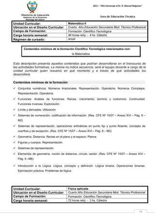 Ministerio de Educación 
Gobierno de la Provincia 
Santiago del Estero 
34 
2012 – “Año Homenaje al Dr. D. Manuel Belgrano” 
Área de Educación Técnica 
Contenidos mínimos de la formación Científico Tecnológica relacionados con: 
la Matemática 
Unidad Curricular: 
Matemática II 
Ubicación en el Diseño Curricular: 
Cuarto Año Educación Secundaria Mod. Técnico Profesional 
Campo de Formación: 
Formación Científico Tecnológica 
Carga horaria semanal: 
96 horas reloj - 4 hs. Cátedra 
Régimen de cursado: 
anual 
Esta descripción presenta aquellos contenidos que podrían desarrollarse en el transcurso de las actividades formativas. La misma no indica secuencia, será el equipo docente a cargo de la unidad curricular quien resuelva en qué momento y a través de qué actividades los desarrollará. 
Contenidos mínimos de la formación 
 Conjuntos numéricos. Números Irracionales. Representación. Operatoria. Números Complejos. Representación. Operatoria. 
 Funciones: Análisis de funciones. Raíces, crecimiento, dominio y codominio. Continuidad. Funciones inversas. Exploración. 
 Límite y derivadas. Utilización 
 Sistemas de numeración, codificación de información. (Res. CFE Nº 15/07 – Anexo XVI – Pág. 8 – M2) 
 Sistemas de representación, operaciones aritméticas en punto fijo y punto flotante, concepto de overflow y de excepción. (Res. CFE Nº 15/07 – Anexo XVI – Pág. 8 – M3) 
 Geometría. Distancia. Rectas en el plano y el espacio. Planos 
 Figuras y cuerpos. Representación. 
 Sistemas de representación. 
 Elementos de geometría, noción de distancia, círculo, sector. (Res. CFE Nº 15/07 – Anexo XVI – Pág. 9 –M6) 
 Introducción a la Lógica. Lógica, concepto y definición. Lógica binaria. Operaciones binarias. Ejercitación práctica. Problemas de lógica. 
Unidad Curricular: 
Física aplicada 
Ubicación en el Diseño Curricular: 
Cuarto Año Educación Secundaria Mod. Técnico Profesional 
Campo de Formación: 
Formación Científico Tecnológica 
Carga horaria semanal: 
72 horas reloj - 3 hs. Cátedra  