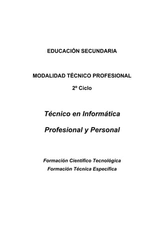 EDUCACIÓN SECUNDARIA 
MODALIDAD TÉCNICO PROFESIONAL 
2º Ciclo 
Técnico en Informática 
Profesional y Personal 
Formación Científico Tecnológica 
Formación Técnica Específica  