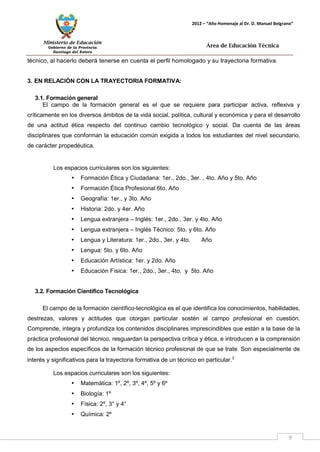 Ministerio de Educación 
Gobierno de la Provincia 
Santiago del Estero 
9 
2012 – “Año Homenaje al Dr. D. Manuel Belgrano” 
Área de Educación Técnica 
técnico, al hacerlo deberá tenerse en cuenta el perfil homologado y su trayectoria formativa. 
3. EN RELACIÓN CON LA TRAYECTORIA FORMATIVA: 
3.1. Formación general 
El campo de la formación general es el que se requiere para participar activa, reflexiva y críticamente en los diversos ámbitos de la vida social, política, cultural y económica y para el desarrollo de una actitud ética respecto del continuo cambio tecnológico y social. Da cuenta de las áreas disciplinares que conforman la educación común exigida a todos los estudiantes del nivel secundario, de carácter propedéutica. 
Los espacios curriculares son los siguientes: 
• Formación Ética y Ciudadana: 1er., 2do., 3er. , 4to. Año y 5to. Año 
• Formación Ética Profesional 6to. Año 
• Geografía: 1er., y 3to. Año 
• Historia: 2do. y 4er. Año 
• Lengua extranjera – Inglés: 1er., 2do., 3er. y 4to. Año 
• Lengua extranjera – Inglés Técnico: 5to. y 6to. Año 
• Lengua y Literatura: 1er., 2do., 3er. y 4to. Año 
• Lengua: 5to. y 6to. Año 
• Educación Artística: 1er. y 2do. Año 
• Educación Física: 1er., 2do., 3er., 4to. y 5to. Año 
3.2. Formación Científico Tecnológica 
El campo de la formación científico-tecnológica es el que identifica los conocimientos, habilidades, destrezas, valores y actitudes que otorgan particular sostén al campo profesional en cuestión. Comprende, integra y profundiza los contenidos disciplinares imprescindibles que están a la base de la práctica profesional del técnico, resguardan la perspectiva crítica y ética, e introducen a la comprensión de los aspectos específicos de la formación técnico profesional de que se trate. Son especialmente de interés y significativos para la trayectoria formativa de un técnico en particular.2 
Los espacios curriculares son los siguientes: 
• Matemática: 1º, 2º, 3º, 4º, 5º y 6º 
• Biología: 1º 
• Física: 2º, 3° y 4° 
• Química: 2º  