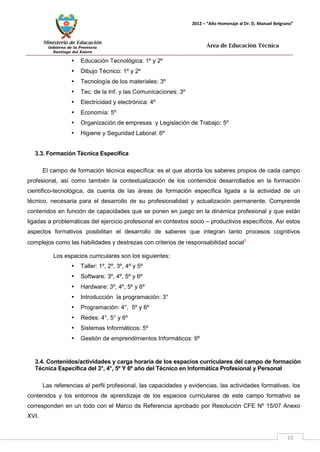 Ministerio de Educación 
Gobierno de la Provincia 
Santiago del Estero 
10 
2012 – “Año Homenaje al Dr. D. Manuel Belgrano” 
Área de Educación Técnica 
• Educación Tecnológica: 1º y 2º 
• Dibujo Técnico: 1º y 2º 
• Tecnología de los materiales: 3º 
• Tec. de la Inf. y las Comunicaciones: 3º 
• Electricidad y electrónica: 4º 
• Economía: 5º 
• Organización de empresas y Legislación de Trabajo: 5º 
• Higiene y Seguridad Laboral: 6º 
3.3. Formación Técnica Específica 
El campo de formación técnica específica: es el que aborda los saberes propios de cada campo profesional, así como también la contextualización de los contenidos desarrollados en la formación científico-tecnológica, da cuenta de las áreas de formación específica ligada a la actividad de un técnico, necesaria para el desarrollo de su profesionalidad y actualización permanente. Comprende contenidos en función de capacidades que se ponen en juego en la dinámica profesional y que están ligadas a problemáticas del ejercicio profesional en contextos socio – productivos específicos. Así estos aspectos formativos posibilitan el desarrollo de saberes que integran tanto procesos cognitivos complejos como las habilidades y destrezas con criterios de responsabilidad social3 
Los espacios curriculares son los siguientes: 
• Taller: 1º, 2º, 3º, 4º y 5º 
• Software: 3º, 4º, 5º y 6º 
• Hardware: 3º, 4º, 5º y 6º 
• Introducción la programación: 3° 
• Programación: 4°, 5º y 6º 
• Redes: 4°, 5° y 6º 
• Sistemas Informáticos: 5º 
• Gestión de emprendimientos Informáticos: 6º 
3.4. Contenidos/actividades y carga horaria de los espacios curriculares del campo de formación Técnica Especifica del 3°, 4°, 5º Y 6º año del Técnico en Informática Profesional y Personal 
Las referencias al perfil profesional, las capacidades y evidencias, las actividades formativas, los contenidos y los entornos de aprendizaje de los espacios curriculares de este campo formativo se corresponden en un todo con el Marco de Referencia aprobado por Resolución CFE Nº 15/07 Anexo XVI.  