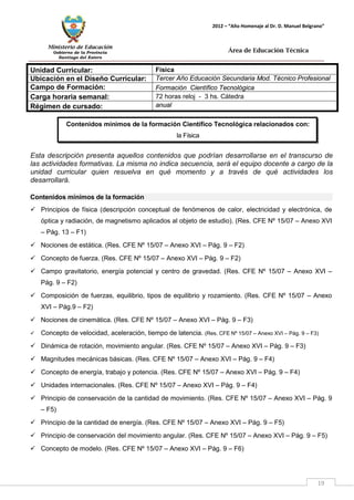 Ministerio de Educación 
Gobierno de la Provincia 
Santiago del Estero 
19 
2012 – “Año Homenaje al Dr. D. Manuel Belgrano” 
Área de Educación Técnica 
Unidad Curricular: 
Física 
Ubicación en el Diseño Curricular: 
Tercer Año Educación Secundaria Mod. Técnico Profesional 
Campo de Formación: 
Formación Científico Tecnológica 
Carga horaria semanal: 
72 horas reloj - 3 hs. Cátedra 
Régimen de cursado: 
anual 
Esta descripción presenta aquellos contenidos que podrían desarrollarse en el transcurso de las actividades formativas. La misma no indica secuencia, será el equipo docente a cargo de la unidad curricular quien resuelva en qué momento y a través de qué actividades los desarrollará. 
Contenidos mínimos de la formación 
 Principios de física (descripción conceptual de fenómenos de calor, electricidad y electrónica, de óptica y radiación, de magnetismo aplicados al objeto de estudio). (Res. CFE Nº 15/07 – Anexo XVI – Pág. 13 – F1) 
 Nociones de estática. (Res. CFE Nº 15/07 – Anexo XVI – Pág. 9 – F2) 
 Concepto de fuerza. (Res. CFE Nº 15/07 – Anexo XVI – Pág. 9 – F2) 
 Campo gravitatorio, energía potencial y centro de gravedad. (Res. CFE Nº 15/07 – Anexo XVI – Pág. 9 – F2) 
 Composición de fuerzas, equilibrio, tipos de equilibrio y rozamiento. (Res. CFE Nº 15/07 – Anexo XVI – Pág.9 – F2) 
 Nociones de cinemática. (Res. CFE Nº 15/07 – Anexo XVI – Pág. 9 – F3) 
 Concepto de velocidad, aceleración, tiempo de latencia. (Res. CFE Nº 15/07 – Anexo XVI – Pág. 9 – F3) 
 Dinámica de rotación, movimiento angular. (Res. CFE Nº 15/07 – Anexo XVI – Pág. 9 – F3) 
 Magnitudes mecánicas básicas. (Res. CFE Nº 15/07 – Anexo XVI – Pág. 9 – F4) 
 Concepto de energía, trabajo y potencia. (Res. CFE Nº 15/07 – Anexo XVI – Pág. 9 – F4) 
 Unidades internacionales. (Res. CFE Nº 15/07 – Anexo XVI – Pág. 9 – F4) 
 Principio de conservación de la cantidad de movimiento. (Res. CFE Nº 15/07 – Anexo XVI – Pág. 9 – F5) 
 Principio de la cantidad de energía. (Res. CFE Nº 15/07 – Anexo XVI – Pág. 9 – F5) 
 Principio de conservación del movimiento angular. (Res. CFE Nº 15/07 – Anexo XVI – Pág. 9 – F5) 
 Concepto de modelo. (Res. CFE Nº 15/07 – Anexo XVI – Pág. 9 – F6) 
Contenidos mínimos de la formación Científico Tecnológica relacionados con: 
la Física 
 