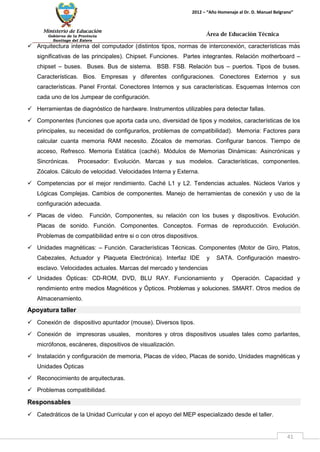 Ministerio de Educación 
Gobierno de la Provincia 
Santiago del Estero 
41 
2012 – “Año Homenaje al Dr. D. Manuel Belgrano” 
Área de Educación Técnica 
 Arquitectura interna del computador (distintos tipos, normas de interconexión, características más significativas de las principales). Chipset. Funciones. Partes integrantes. Relación motherboard – chipset – buses. Buses. Bus de sistema. BSB. FSB. Relación bus – puertos. Tipos de buses. Características. Bios. Empresas y diferentes configuraciones. Conectores Externos y sus características. Panel Frontal. Conectores Internos y sus características. Esquemas Internos con cada uno de los Jumpear de configuración. 
 Herramientas de diagnóstico de hardware. Instrumentos utilizables para detectar fallas. 
 Componentes (funciones que aporta cada uno, diversidad de tipos y modelos, características de los principales, su necesidad de configurarlos, problemas de compatibilidad). Memoria: Factores para calcular cuanta memoria RAM necesito. Zócalos de memorias. Configurar bancos. Tiempo de acceso, Refresco. Memoria Estática (caché). Módulos de Memorias Dinámicas: Asincrónicas y Sincrónicas. Procesador: Evolución. Marcas y sus modelos. Características, componentes. Zócalos. Cálculo de velocidad. Velocidades Interna y Externa. 
 Competencias por el mejor rendimiento. Caché L1 y L2. Tendencias actuales. Núcleos Varios y Lógicas Complejas. Cambios de componentes. Manejo de herramientas de conexión y uso de la configuración adecuada. 
 Placas de vídeo. Función, Componentes, su relación con los buses y dispositivos. Evolución. Placas de sonido. Función. Componentes. Conceptos. Formas de reproducción. Evolución. Problemas de compatibilidad entre si o con otros dispositivos. 
 Unidades magnéticas: – Función. Características Técnicas. Componentes (Motor de Giro, Platos, Cabezales, Actuador y Plaqueta Electrónica). Interfaz IDE y SATA. Configuración maestro- esclavo. Velocidades actuales. Marcas del mercado y tendencias 
 Unidades Ópticas: CD-ROM, DVD, BLU RAY. Funcionamiento y Operación. Capacidad y rendimiento entre medios Magnéticos y Ópticos. Problemas y soluciones. SMART. Otros medios de Almacenamiento. 
Apoyatura taller 
 Conexión de dispositivo apuntador (mouse). Diversos tipos. 
 Conexión de impresoras usuales, monitores y otros dispositivos usuales tales como parlantes, micrófonos, escáneres, dispositivos de visualización. 
 Instalación y configuración de memoria, Placas de vídeo, Placas de sonido, Unidades magnéticas y Unidades Ópticas 
 Reconocimiento de arquitecturas. 
 Problemas compatibilidad. 
Responsables 
 Catedráticos de la Unidad Curricular y con el apoyo del MEP especializado desde el taller.  