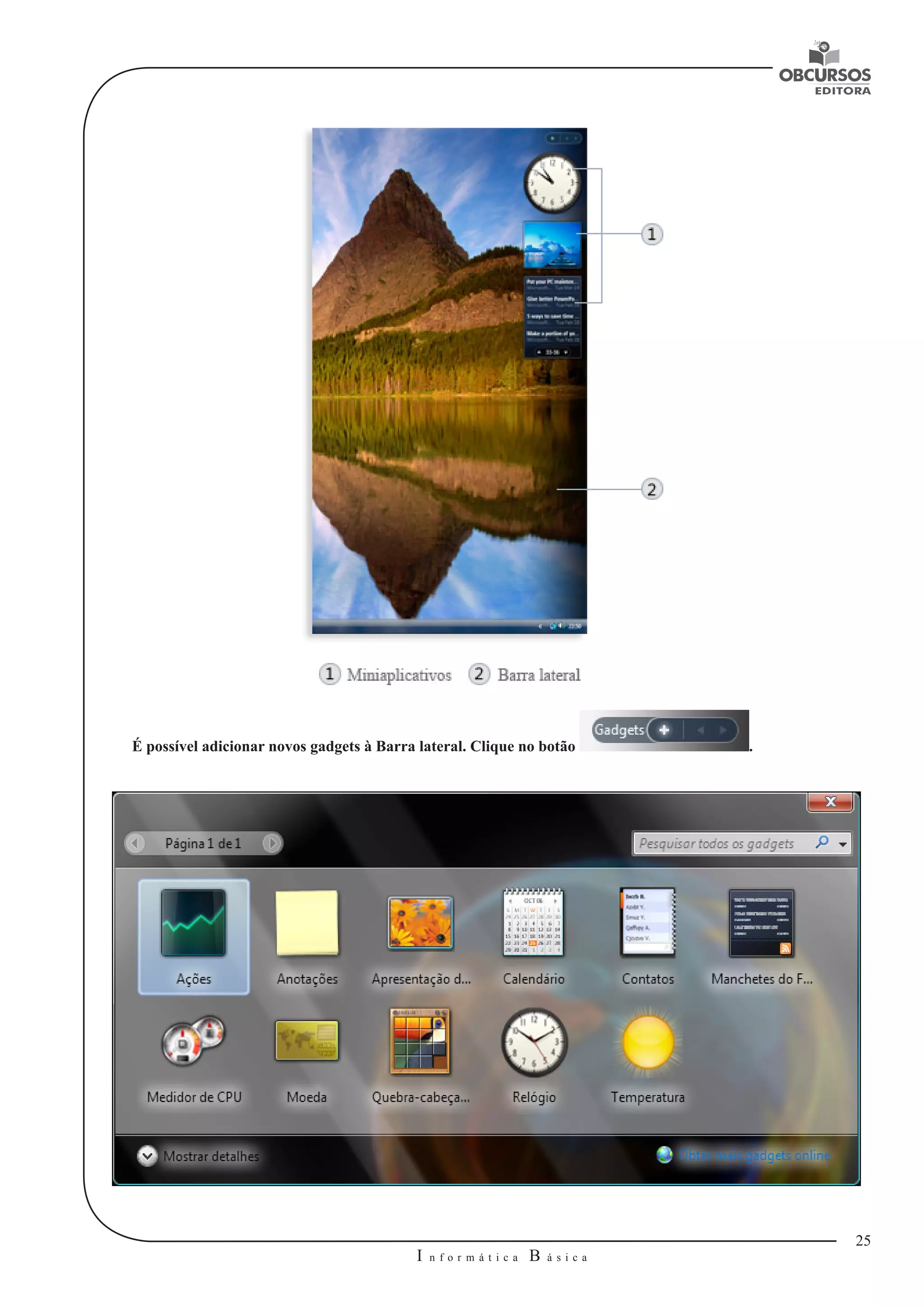 25 
I n f o r m á t i c a B á s i c a 
U 
É possível adicionar novos gadgets à Barra lateral. Clique no botão . 
 