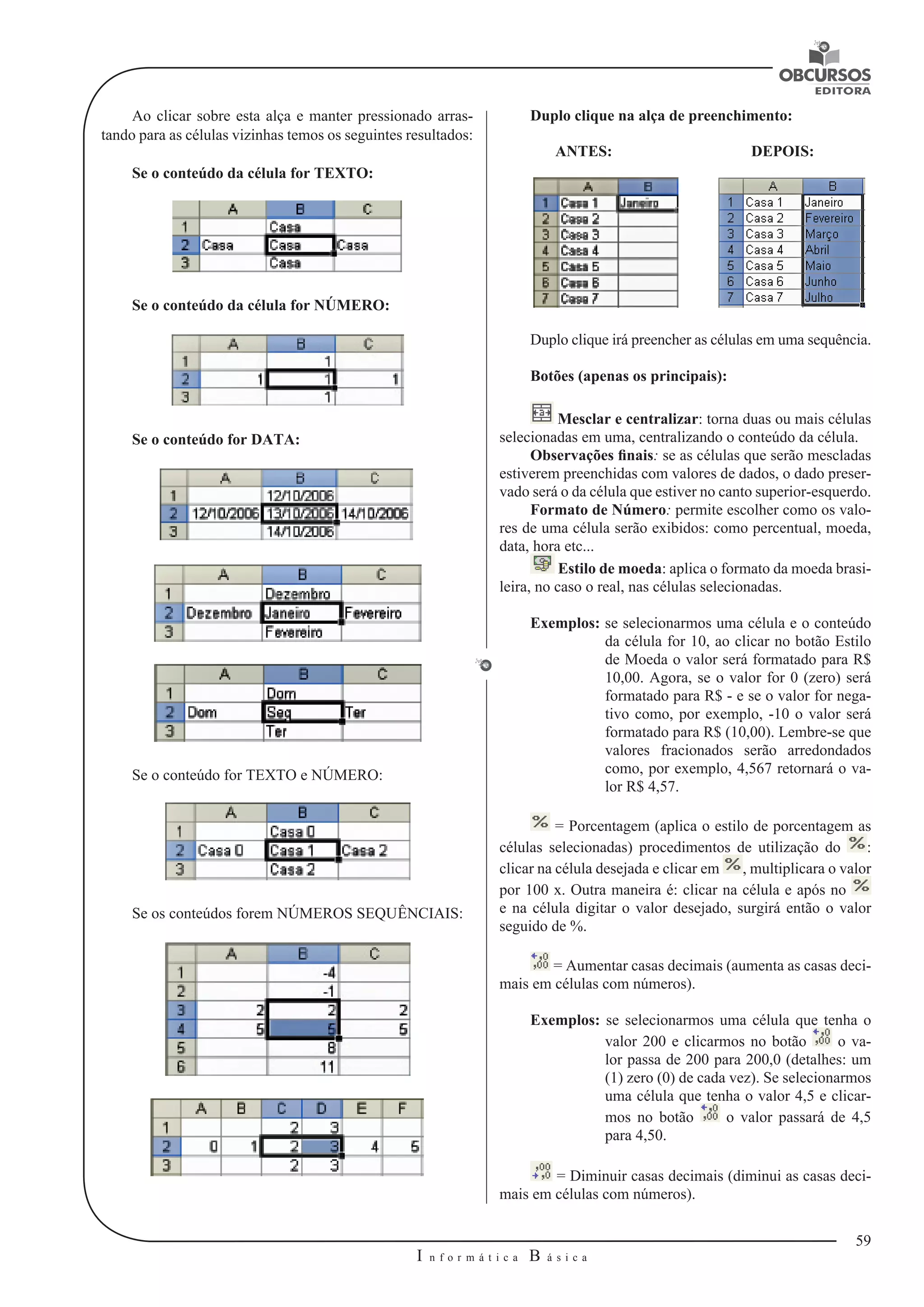 59 
I n f o r m á t i c a B á s i c a 
U 
Ao clicar sobre esta alça e manter pressionado arras-tando 
para as células vizinhas temos os seguintes resultados: 
Se o conteúdo da célula for TEXTO: 
Se o conteúdo da célula for NÚMERO: 
Se o conteúdo for DATA: 
Se o conteúdo for TEXTO e NÚMERO: 
Se os conteúdos forem NÚMEROS SEQUÊNCIAIS: 
Duplo clique na alça de preenchimento: 
ANTES: DEPOIS: 
Duplo clique irá preencher as células em uma sequência. 
Botões (apenas os principais): 
Mesclar e centralizar: torna duas ou mais células 
selecionadas em uma, centralizando o conteúdo da célula. 
Observações finais: se as células que serão mescladas 
estiverem preenchidas com valores de dados, o dado preser-vado 
será o da célula que estiver no canto superior-esquerdo. 
Formato de Número: permite escolher como os valo-res 
de uma célula serão exibidos: como percentual, moeda, 
data, hora etc... 
Estilo de moeda: aplica o formato da moeda brasi-leira, 
no caso o real, nas células selecionadas. 
Exemplos: se selecionarmos uma célula e o conteúdo 
da célula for 10, ao clicar no botão Estilo 
de Moeda o valor será formatado para R$ 
10,00. Agora, se o valor for 0 (zero) será 
formatado para R$ - e se o valor for nega-tivo 
como, por exemplo, -10 o valor será 
formatado para R$ (10,00). Lembre-se que 
valores fracionados serão arredondados 
como, por exemplo, 4,567 retornará o va-lor 
R$ 4,57. 
= Porcentagem (aplica o estilo de porcentagem as 
células selecionadas) procedimentos de utilização do : 
clicar na célula desejada e clicar em , multiplicara o valor 
por 100 x. Outra maneira é: clicar na célula e após no 
e na célula digitar o valor desejado, surgirá então o valor 
seguido de %. 
= Aumentar casas decimais (aumenta as casas deci-mais 
em células com números). 
Exemplos: se selecionarmos uma célula que tenha o 
valor 200 e clicarmos no botão o va-lor 
passa de 200 para 200,0 (detalhes: um 
(1) zero (0) de cada vez). Se selecionarmos 
uma célula que tenha o valor 4,5 e clicar-mos 
no botão o valor passará de 4,5 
para 4,50. 
= Diminuir casas decimais (diminui as casas deci-mais 
em células com números). 
 