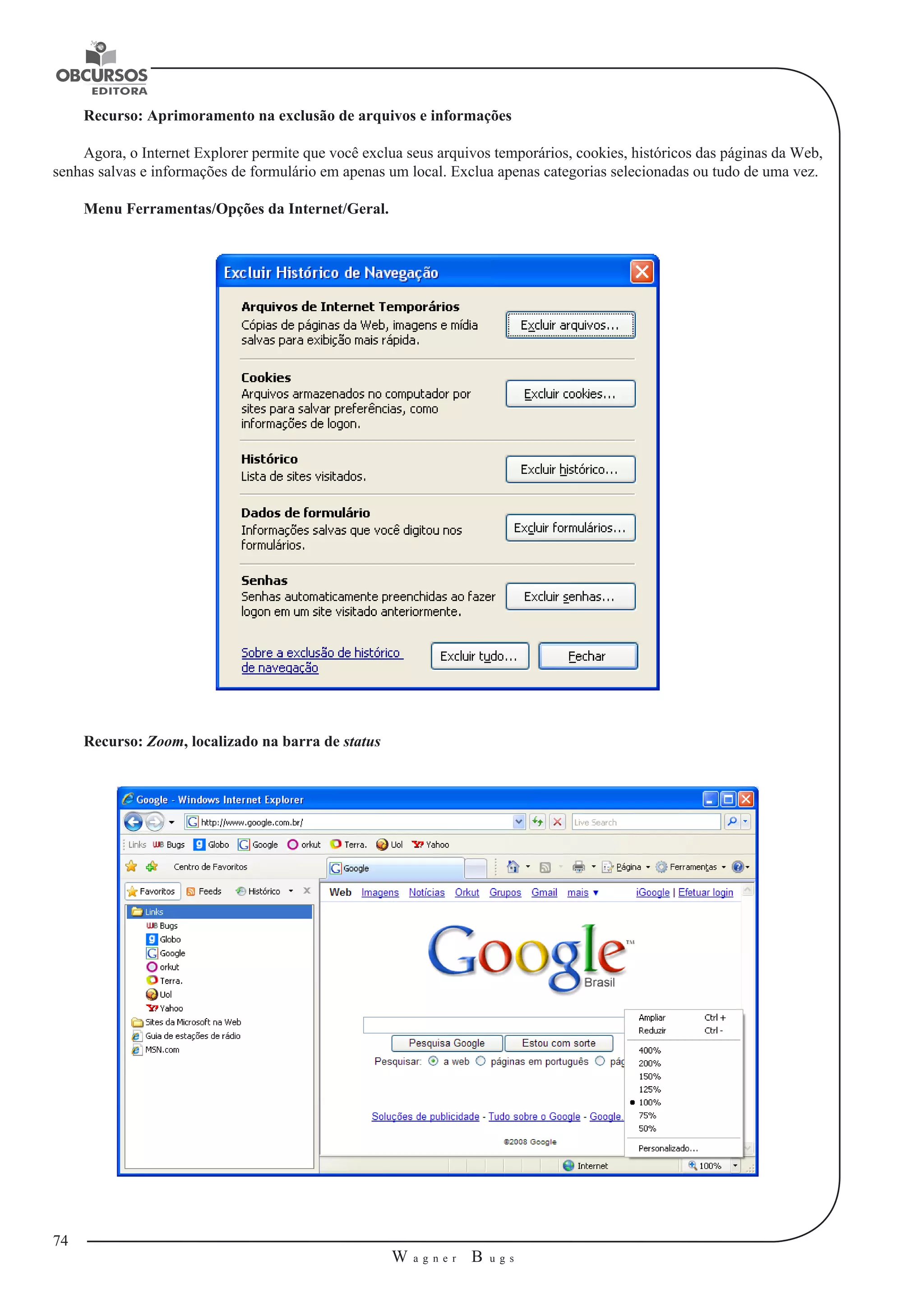 74 
W a g n e r B u g s 
U 
Recurso: Aprimoramento na exclusão de arquivos e informações 
Agora, o Internet Explorer permite que você exclua seus arquivos temporários, cookies, históricos das páginas da Web, 
senhas salvas e informações de formulário em apenas um local. Exclua apenas categorias selecionadas ou tudo de uma vez. 
Menu Ferramentas/Opções da Internet/Geral. 
Recurso: Zoom, localizado na barra de status 
 