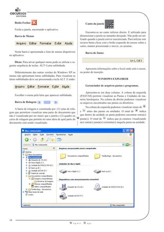16 
W a g n e r B u g s 
U 
Botão Fechar 
Fecha a janela, encerrando o aplicativo. 
Barra de Menus 
Nesta barra é apresentada a lista de menus disponíveis 
no aplicativo. 
Dicas: Para ativar qualquer menu pode-se utilizar a se-guinte 
sequência de teclas: ALT+Letra sublinhada. 
Diferentemente das outras versões do Windows XP os 
menus não apresentam letras sublinhadas. Para visualizar as 
letras sublinhadas deve ser pressionada a tecla ALT. E então: 
Escolher o menu pela letra que aparecer sublinhada. 
Barra de Rolagem 
A barra de rolagem é constituída por: (1) setas de rola-gem 
que permitem visualizar uma parte do documento que 
não é visualizada por ser maior que a janela e (2) quadro ou 
caixa de rolagem que permite ter uma ideia de qual parte do 
documento está sendo visualizado. 
Canto da janela 
Encontra-se no canto inferior direito. É utilizado para 
dimensionar a janela no tamanho desejado. Não pode ser uti-lizado 
quando a janela estiver maximizada. Para utilizar este 
recurso basta clicar com o botão esquerdo do mouse sobre o 
canto, manter pressionado e mover, ou arrastar. 
Barra de Status 
Apresenta informações sobre o local onde está o cursor, 
ou ponto de inserção. 
WINDOWS EXPLORER 
Gerenciador de arquivos pastas e programas. 
Apresenta-se em duas colunas. A coluna da esquerda 
(PASTAS) permite visualizar as Pastas e Unidades de ma-neira 
hierárquica. Na coluna da direita podemos visualizar 
os arquivos encontrados nas pastas ou diretórios. 
Na coluna da esquerda podemos visualizar sinais de 
e antes das pastas ou unidades. O sinal de indica 
que dentro da unidade ou pasta podemos encontrar outra(s) 
pasta(s). O sinal de indica que já estamos visualizando 
a(s) outra(s) pasta(s) existente(s) naquela pasta ou unidade. 
 