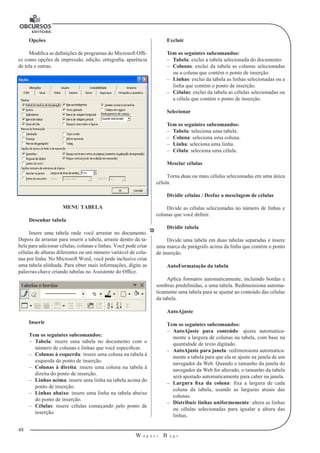 48 
W a g n e r B u g s 
U 
Opções 
Modifica as definições de programas do Microsoft Offi-ce 
como opções de impressão, edição, ortografia, aparência 
de tela e outras. 
MENU TABELA 
Desenhar tabela 
Insere uma tabela onde você arrastar no documento. 
Depois de arrastar para inserir a tabela, arraste dentro da ta-bela 
para adicionar células, colunas e linhas. Você pode criar 
células de alturas diferentes ou um número variável de colu-nas 
por linha. No Microsoft Word, você pode inclusive criar 
uma tabela alinhada. Para obter mais informações, digite as 
palavras-chave criando tabelas no Assistente do Office. 
Inserir 
Tem os seguintes subcomandos: 
–– Tabela: insere uma tabela no documento com o 
número de colunas e linhas que você especificar. 
–– Colunas à esquerda: insere uma coluna na tabela à 
esquerda do ponto de inserção. 
–– Colunas à direita: insere uma coluna na tabela à 
direita do ponto de inserção. 
–– Linhas acima: insere uma linha na tabela acima do 
ponto de inserção. 
–– Linhas abaixo: insere uma linha na tabela abaixo 
do ponto de inserção. 
–– Células: insere células começando pelo ponto de 
inserção. 
Excluir 
Tem os seguintes subcomandos: 
–– Tabela: exclui a tabela selecionada do documento. 
–– Colunas: exclui da tabela as colunas selecionadas 
ou a coluna que contém o ponto de inserção. 
–– Linhas: exclui da tabela as linhas selecionadas ou a 
linha que contém o ponto de inserção. 
–– Células: exclui da tabela as células selecionadas ou 
a célula que contém o ponto de inserção. 
Selecionar 
Tem os seguintes subcomandos: 
–– Tabela: seleciona uma tabela. 
–– Coluna: seleciona uma coluna. 
–– Linha: seleciona uma linha. 
–– Célula: seleciona uma célula. 
Mesclar células 
Torna duas ou mais células selecionadas em uma única 
célula. 
Dividir células / Desfaz a mesclagem de células 
Divide as células selecionadas no número de linhas e 
colunas que você definir. 
Dividir tabela 
Divide uma tabela em duas tabelas separadas e insere 
uma marca de parágrafo acima da linha que contém o ponto 
de inserção. 
AutoFormatação da tabela 
Aplica formatos automaticamente, incluindo bordas e 
sombras predefinidas, a uma tabela. Redimensiona automa-ticamente 
uma tabela para se ajustar ao conteúdo das células 
da tabela. 
AutoAjuste 
Tem os seguintes subcomandos: 
–– AutoAjuste para conteúdo: ajusta automatica-mente 
a largura de colunas na tabela, com base na 
quantidade de texto digitado. 
–– AutoAjuste para janela: redimensiona automatica-mente 
a tabela para que ela se ajuste na janela de um 
navegador da Web. Quando o tamanho da janela do 
navegador da Web for alterado, o tamanho da tabela 
será ajustado automaticamente para caber na janela. 
–– Largura fixa da coluna: fixa a largura de cada 
coluna da tabela, usando as larguras atuais das 
colunas. 
–– Distribuir linhas uniformemente: altera as linhas 
ou células selecionadas para igualar a altura das 
linhas. 
 