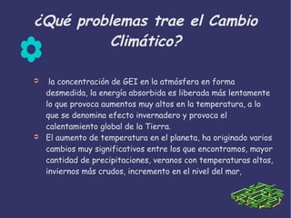 ¿Qué problemas trae el Cambio
Climático?
➲ la concentración de GEI en la atmósfera en forma
desmedida, la energía absorbida es liberada más lentamente
lo que provoca aumentos muy altos en la temperatura, a lo
que se denomina efecto invernadero y provoca el
calentamiento global de la Tierra.
➲ El aumento de temperatura en el planeta, ha originado varios
cambios muy significativos entre los que encontramos, mayor
cantidad de precipitaciones, veranos con temperaturas altas,
inviernos más crudos, incremento en el nivel del mar,
 