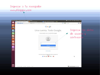 Ingresar a tu navegador
www.blogger.com
Ingresar los datos
de usuario y
contraseña
 