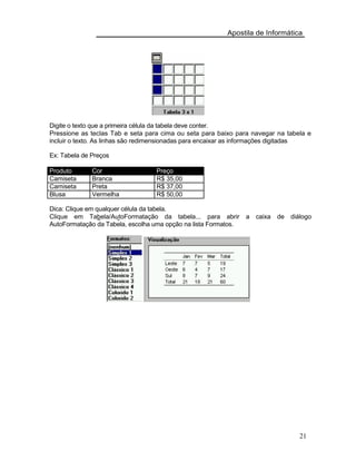 Apostila de Informática
Digite o texto que a primeira célula da tabela deve conter.
Pressione as teclas Tab e seta para cima ou seta para baixo para navegar na tabela e
incluir o texto. As linhas são redimensionadas para encaixar as informações digitadas
Ex: Tabela de Preços
Produto Cor Preço
Camiseta Branca R$ 35,00
Camiseta Preta R$ 37,00
Blusa Vermelha R$ 50,00
Dica: Clique em qualquer célula da tabela.
Clique em Tabela/AutoFormatação da tabela... para abrir a caixa de diálogo
AutoFormatação da Tabela, escolha uma opção na lista Formatos.
21
 