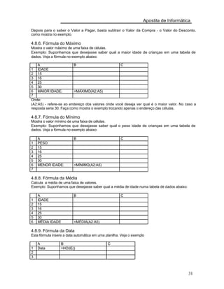 Apostila de Informática
Depois para o saber o Valor a Pagar, basta subtrair o Valor da Compra - o Valor do Desconto,
como mostra no exemplo.
4.8.6. Fórmula do Máximo
Mostra o valor máximo de uma faixa de células.
Exemplo: Suponhamos que desejasse saber qual a maior idade de crianças em uma tabela de
dados. Veja a fórmula no exemplo abaixo:
A B C
1 IDADE
2 15
3 16
4 25
5 30
6 MAIOR IDADE: =MÁXIMO(A2:A5)
7
Onde:
(A2:A5) - refere-se ao endereço dos valores onde você deseja ver qual é o maior valor. No caso a
resposta seria 30. Faça como mostra o exemplo trocando apenas o endereço das células.
4.8.7. Fórmula do Mínimo
Mostra o valor mínimo de uma faixa de células.
Exemplo: Suponhamos que desejasse saber qual o peso idade de crianças em uma tabela de
dados. Veja a fórmula no exemplo abaixo:
A B C
1 PESO
2 15
3 16
4 25
5 30
6 MENOR IDADE: =MÍNIMO(A2:A5)
7
4.8.8. Fórmula da Média
Calcula a média de uma faixa de valores.
Exemplo: Suponhamos que desejasse saber qual a média de idade numa tabela de dados abaixo:
A B C
1 IDADE
2 15
3 16
4 25
5 30
6 MÉDIA IDADE =MÉDIA(A2:A5)
4.8.9. Fórmula da Data
Esta fórmula insere a data automática em uma planilha. Veja o exemplo
A B C
1 Data =HOJE()
2
3
31
 