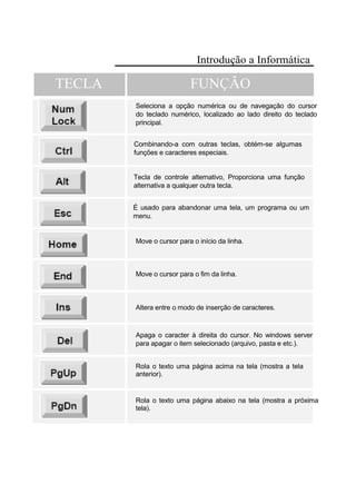 Introdução a Informática
TECLA FUNÇÃO
Seleciona a opção numérica ou de navegação do cursor
do teclado numérico, localizado ao lado direito do teclado
principal.
Combinando-a com outras teclas, obtém-se algumas
funções e caracteres especiais.
Tecla de controle alternativo, Proporciona uma função
alternativa a qualquer outra tecla.
É usado para abandonar uma tela, um programa ou um
menu.
Move o cursor para o início da linha.
Move o cursor para o fim da linha.
Altera entre o modo de inserção de caracteres.
Apaga o caracter à direita do cursor. No windows server
para apagar o item selecionado (arquivo, pasta e etc.).
Rola o texto uma página acima na tela (mostra a tela
anterior).
Rola o texto uma página abaixo na tela (mostra a próxima
tela).
 