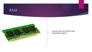 RAM
ALMACENA INFORMACIÓN
TEMPORALMENTE
 