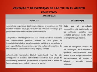 VENTAJAS Y DESVENTAJAS DE LAS TIC EN EL ÁMBITO
EDUCATIVO
APRENDIZAJE
VENTAJAS DESVENTAJAS
Aprendizaje cooperativo. Los instrumentos que proporcionan las TIC
facilitan el trabajo en grupo y el cultivo de actitudes sociales ya que
propician el intercambio de ideas y la cooperación.
Alto grado de interdisciplinariedad. Las tareas educativas realizadas
con computadoras permiten obtener un alto grado de
interdisciplinariedad ya que el computador debido a su versatilidad y
gran capacidad de almacenamiento permite realizar diversos tipos de
tratamiento de una información muy amplia y variada.
Alfabetización tecnológica (digital, audiovisual). Hoy día aún
conseguimos en nuestras comunidades educativas algún grupo de
estudiantes y profesores que se quedan rezagados ante el avance de
las tecnologías, sobre todo la referente al uso del
Dado que el aprendizaje
cooperativo está sustentado en
las actitudes sociales, una
sociedad perezosa puede influir
en el aprendizaje efectivo.
Dado el vertiginoso avance de
las tecnologías, éstas tienden a
quedarse descontinuadas muy
pronto lo que obliga a actualizar
frecuentemente el equipo y
adquirir y aprender nuevos
software.
 