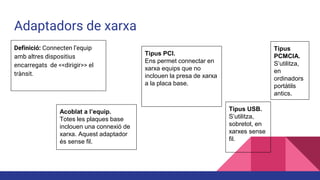 Adaptadors de xarxa
Definició: Connecten l’equip
amb altres dispositius
encarregats de <<dirigir>> el
trànsit.
Acoblat a l’equip.
Totes les plaques base
inclouen una connexió de
xarxa. Aquest adaptador
és sense fil.
Tipus PCI.
Ens permet connectar en
xarxa equips que no
inclouen la presa de xarxa
a la placa base.
Tipus USB.
S’utilitza,
sobretot, en
xarxes sense
fil.
Tipus
PCMCIA.
S’utilitza,
en
ordinadors
portàtils
antics.
 