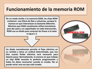 Funcionamiento de la memoria ROM
Un diodo normalmente permite el flujo eléctrico en
un sentido y tiene un umbral determinado, que nos
dice cuanto fluido eléctrico será necesario para
dejarlo pasar. Normalmente, la manera en que trabaja
un chip ROM necesita la perfecta programación y
todos los datos necesarios cuando es creado. No se
puede variar una vez que está creado.
De un modo similar a la memoria RAM, los chips ROM
contienen una hilera de filas y columnas, aunque la
manera en que interactúan es bastante diferente.
Mientras que RAM usualmente utiliza transistores
para dar paso a un capacitador en cada intersección,
ROM usa un diodo para conectar las líneas si el valor
es igual a 1
 