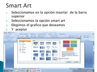 1. Seleccionamos en la opción insertar de la barra
superior
2. Seleccionamos la opción smart art
3. Elegimos el grafico que deseamos
4. Y aceptar
 