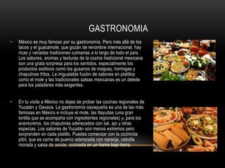 GASTRONOMIA
• México es muy famoso por su gastronomía. Pero más allá de los
tacos y el guacamole, que gozan de renombre internacional, hay
ricas y variadas tradiciones culinarias a lo largo de todo el país.
Los sabores, aromas y texturas de la cocina tradicional mexicana
son una grata sorpresa para los sentidos, especialmente los
productos exóticos como los gusanos de maguey, hormigas y
chapulines fritos. La inigualable fusión de sabores en platillos
como el mole y las tradicionales salsas mexicanas es un deleite
para los paladares más exigentes.
• En tu visita a México no dejes de probar las cocinas regionales de
Yucatán y Oaxaca. La gastronomía oaxaqueña es una de las más
famosas en México e incluye el mole, las tlayudas (una gran
tortilla que se acompaña con ingredientes regionales) y, para los
aventureros, los chapulines aderezados con sal, ajo y otras
especias. Los sabores de Yucatán son menos extremos pero
sorprenden en cada platillo. Puedes comenzar con la cochinita
pibil, que es carne de puerco aderezada con naranja, cebolla
morada y salsa de axiote, cocinada en un horno bajo tierra.
 