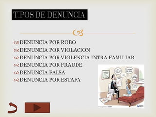 
 DENUNCIA POR ROBO
 DENUNCIA POR VIOLACION
 DENUNCIA POR VIOLENCIA INTRA FAMILIAR
 DENUNCIA POR FRAUDE
 DENUNCIA FALSA
 DENUNCIA POR ESTAFA
 