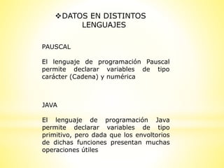 DATOS EN DISTINTOS
LENGUAJES
PAUSCAL
El lenguaje de programación Pauscal
permite declarar variables de tipo
carácter (Cadena) y numérica
JAVA
El lenguaje de programación Java
permite declarar variables de tipo
primitivo, pero dada que los envoltorios
de dichas funciones presentan muchas
operaciones útiles
 