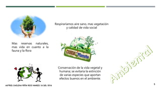 Mas reservas naturales,
mas vida en cuanto a la
fauna y la flora
Respiraríamos aire sano, mas vegetación
y calidad de vida social
Conservación de la vida vegetal y
humana; se evitaría la extinción
de varias especies que aportan
efectos buenos en el ambiente.
ASTRID CAOLINA PEÑA RICO MARZO 16 DEL 2016
5
 