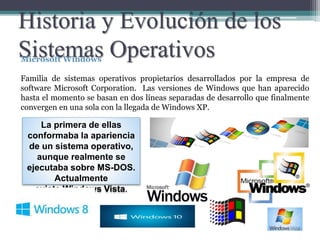 Historia y Evolución de los
Sistemas OperativosMicrosoft Windows
Familia de sistemas operativos propietarios desarrollados por la empresa de
software Microsoft Corporation. Las versiones de Windows que han aparecido
hasta el momento se basan en dos líneas separadas de desarrollo que finalmente
convergen en una sola con la llegada de Windows XP.
La primera de ellas
conformaba la apariencia
de un sistema operativo,
aunque realmente se
ejecutaba sobre MS-DOS.
Actualmente
existe Windows Vista.
 