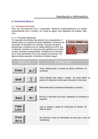 Introdução a Informática
5. HARDWARE BÁSICO
5.1. Unidades de Entrada
Para nos comunicarmos com o computador, utilizamos fundamentalmente um teclado
(conjuntamente com o monitor), um mouse ou algum outro dispositivo de entrada. Veja-
mos.
5.1.1. O Teclado (Keyboard)
É o dispositivo de entrada mais utilizado nos computadores. O
teclado possui um conjunto de teclas alfabéticas, numéricas, de
pontuação, de símbolos e de controles. Quando uma tecla é
pressionada, o teclado envia um código eletrônico à CPU, que
o interpreta, enviando um sinal para outro periférico que mostra
na tela o caractere correspondente. O teclado de um computa-
dor é muito semelhante ao de uma máquina de escrever, com
algumas teclas especiais, mostradas na tabela a seguir.
TECLA FUNÇÃO
Tecla utilizada para a entrada de dados (confirmar um
comando)
Tecla utilizada para alterar o estado de outras teclas: se
estiver em maiúsculo inverte para minusculo e vice-versa.
Movimenta entre as paradas de tabulação ou campos.
Provoca o retrocesso dp cursor, apagando os caracteres a
esquerda.
Liga ou desliga a opção de maiúsculas do teclado. Só
afeta as letras.
No Windows, envia as informações da tela para a área de
tranferência.
 