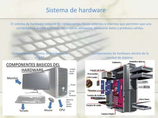 Sistema de hardware
- El sistema de hardware consiste de componentes físicos externos e internos que permiten que una
computadora acepte entradas, las procese, almacene, almacene datos y produzca salidas.
-Componentes externos de hardware de
una PC
-Componentes de hardware dentro de la
unidad de sistema
 