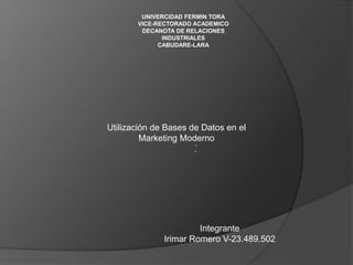 Integrante
Irimar Romero V-23.489.502
UNIVERCIDAD FERMIN TORA
VICE-RECTORADO ACADEMICO
DECANOTA DE RELACIONES
INDUSTRIALES
CABUDARE-LARA
Utilización de Bases de Datos en el
Marketing Moderno
 