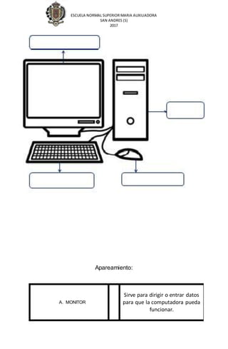 ESCUELA NORMAL SUPERIOR MARIA AUXILIADORA
SAN ANDRES (S)
2017
Apareamiento:
A. MONITOR
Sirve para dirigir o entrar datos
para que la computadora pueda
funcionar.
 