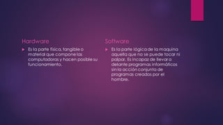 Hardware
 Es la parte física, tangible o
material que compone las
computadoras y hacen posible su
funcionamiento.
Software
 Es la parte lógicade la maquina
aquella que no se puede tocar ni
palpar, Es incapaz de llevar a
delante programas informáticos
sin la acción conjunta de
programas creados por el
hombre.
 