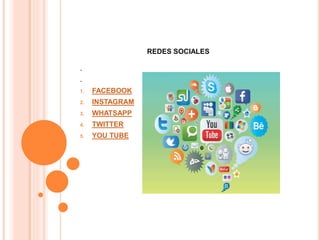 REDES SOCIALES
.
.
1. FACEBOOK
2. INSTAGRAM
3. WHATSAPP
4. TWITTER
5. YOU TUBE
 
