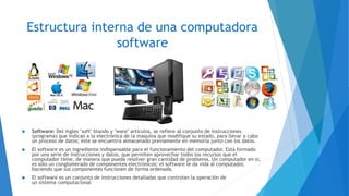 Estructura interna de una computadora
software
 Software: Del ingles "soft" blando y "ware" artículos, se refiere al conjunto de instrucciones
(programa) que indican a la electrónica de la maquina que modifique su estado, para llevar a cabo
un proceso de datos; éste se encuentra almacenado previamente en memoria junto con los datos.
 El software es un ingrediente indispensable para el funcionamiento del computador. Está formado
por una serie de instrucciones y datos, que permiten aprovechar todos los recursos que el
computador tiene, de manera que pueda resolver gran cantidad de problema. Un computador en si,
es sólo un conglomerado de componentes electrónicos; el software le da vida al computador,
haciendo que sus componentes funcionen de forma ordenada.
 El software es un conjunto de instrucciones detalladas que controlan la operación de
un sistema computacional
 
