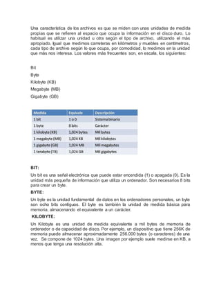Una característica de los archivos es que se miden con unas unidades de medida
propias que se refieren al espacio que ocupa la información en el disco duro. Lo
habitual es utilizar una unidad u otra según el tipo de archivo, utilizando el más
apropiado. Igual que medimos carreteras en kilómetros y muebles en centímetros,
cada tipo de archivo según lo que ocupa, por comodidad, lo medimos en la unidad
que más nos interesa. Los valores más frecuentes son, en escala, los siguientes:
Bit
Byte
Kilobyte (KB)
Megabyte (MB)
Gigabyte (GB)
BIT:
Un bit es una señal electrónica que puede estar encendida (1) o apagada (0). Es la
unidad más pequeña de información que utiliza un ordenador. Son necesarios 8 bits
para crear un byte.
BYTE:
Un byte es la unidad fundamental de datos en los ordenadores personales, un byte
son ocho bits contiguos. El byte es también la unidad de medida básica para
memoria, almacenando el equivalente a un carácter.
KILOBYTE:
Un Kilobyte es una unidad de medida equivalente a mil bytes de memoria de
ordenador o de capacidad de disco. Por ejemplo, un dispositivo que tiene 256K de
memoria puede almacenar aproximadamente 256.000 bytes (o caracteres) de una
vez. Se compone de 1024 bytes. Una imagen por ejemplo suele medirse en KB, a
menos que tenga una resolución alta.
 