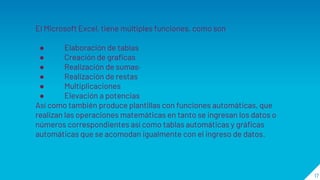 17
El Microsoft Excel, tiene múltiples funciones, como son
● Elaboración de tablas
● Creación de graficas
● Realización de sumas·
● Realización de restas
● Multiplicaciones
● Elevación a potencias
Así como también produce plantillas con funciones automáticas, que
realizan las operaciones matemáticas en tanto se ingresan los datos o
números correspondientes así como tablas automáticas y gráficas
automáticas que se acomodan igualmente con el ingreso de datos.
 
