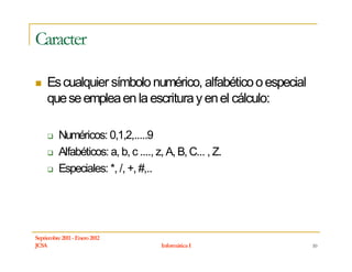 Caracter

     Es cualquier símbolo numérico, alfabético o especial
     que se emplea en la escritura y en el cálculo:

          Numéricos: 0,1,2,.....9
          Alfabéticos: a, b, c ...., z, A, B, C... , Z.
          Especiales: *, /, +, #,..




Septiembre 2011 - Enero 2012
JCSA                                  Informática I         10
 