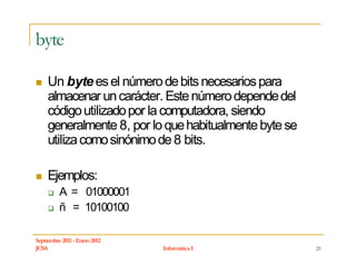 byte

     Un byte es el número de bits necesarios para
     almacenar un carácter. Este número depende del
     código utilizado por la computadora, siendo
     generalmente 8, por lo que habitualmente byte se
     utiliza como sinónimo de 8 bits.

     Ejemplos:
          A = 01000001
          ñ = 10100100

Septiembre 2011 - Enero 2012
JCSA                           Informática I            23
 
